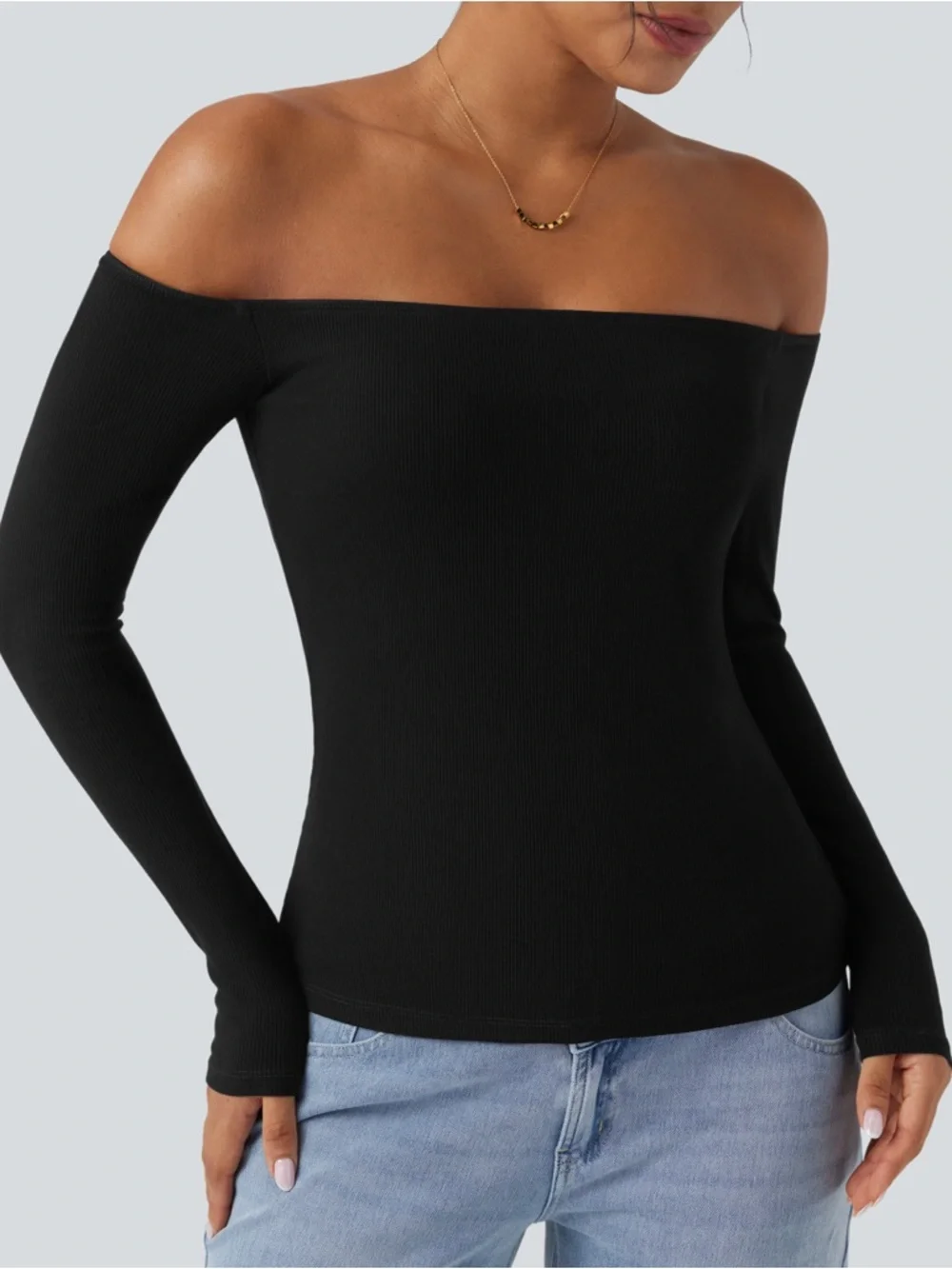 Halara Ribbed Knit Off Shoulder Long Sleeve 2-in-1 Casual Top Black Small